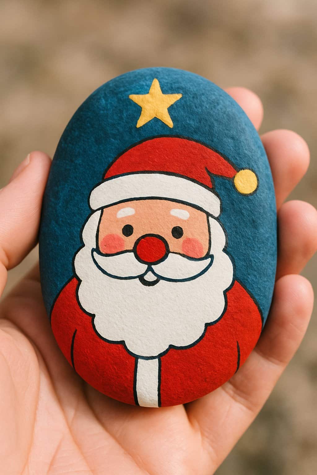 A hand holding a smooth river rock painted with a simple Santa Claus and a twinkling star design.