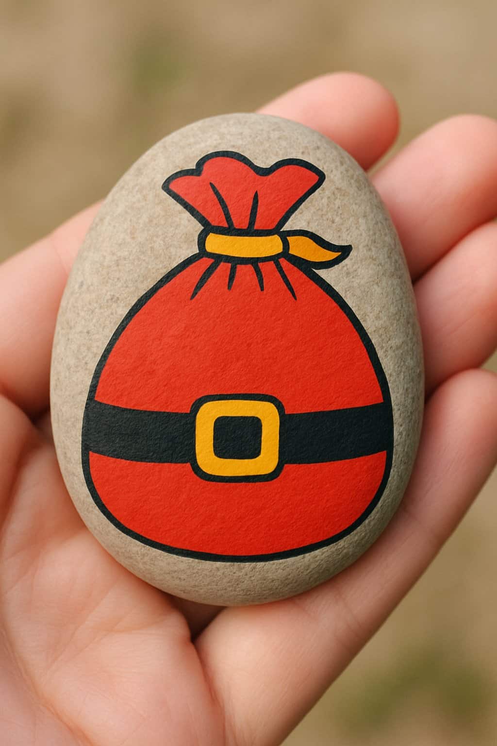 A hand holding a smooth river rock painted with a simple Santa-themed design.