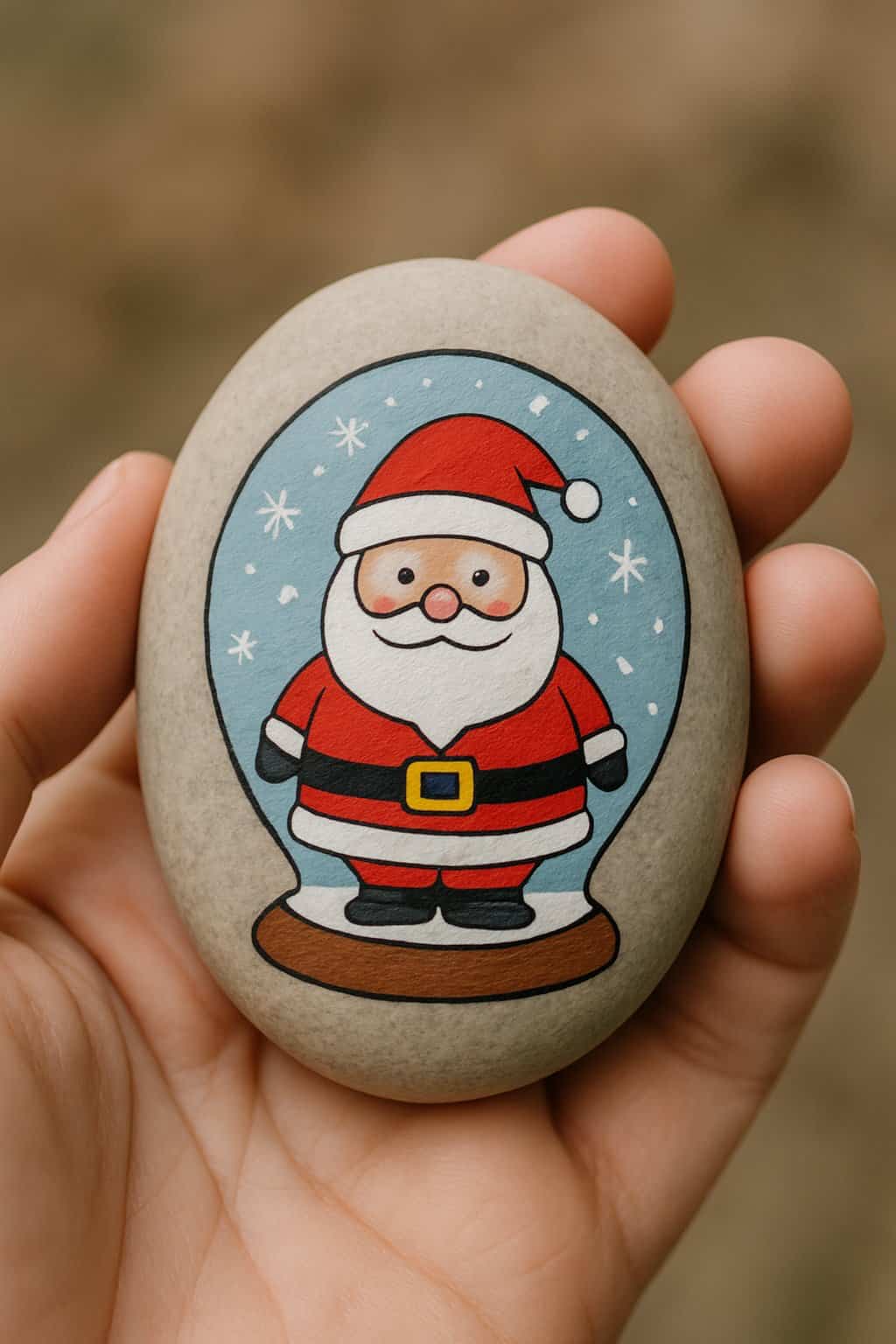 A hand holding a smooth river rock painted with a Santa Claus and snow globe design.