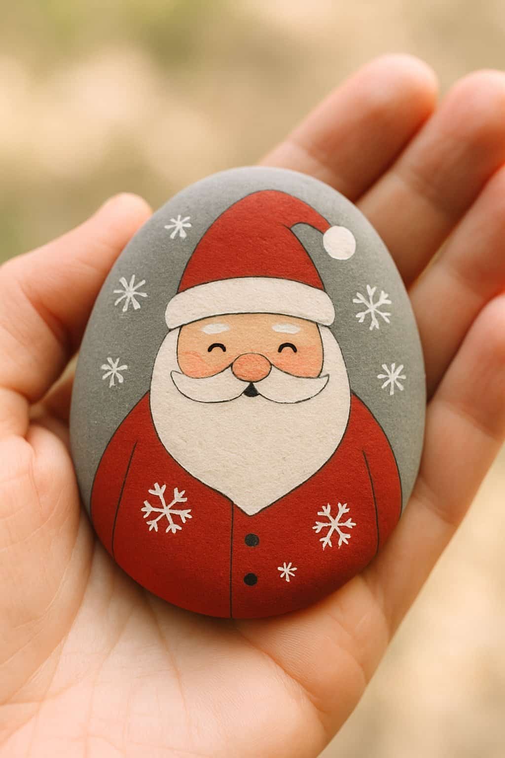 A hand holding a smooth river rock painted with a simple Santa Claus and snowflake design.