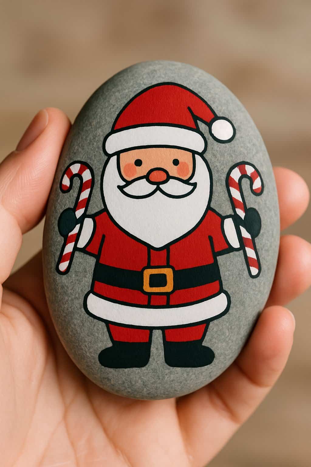 A hand holding a smooth rock painted with an image of Santa Claus holding candy canes.