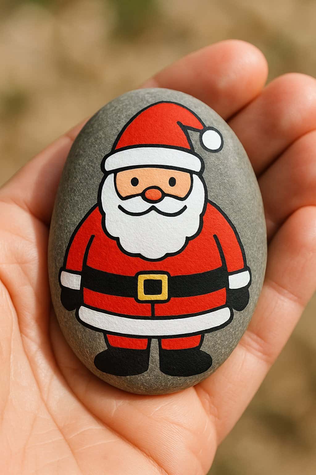 A hand holding a smooth river rock painted with a simple Santa Claus design in red and white.