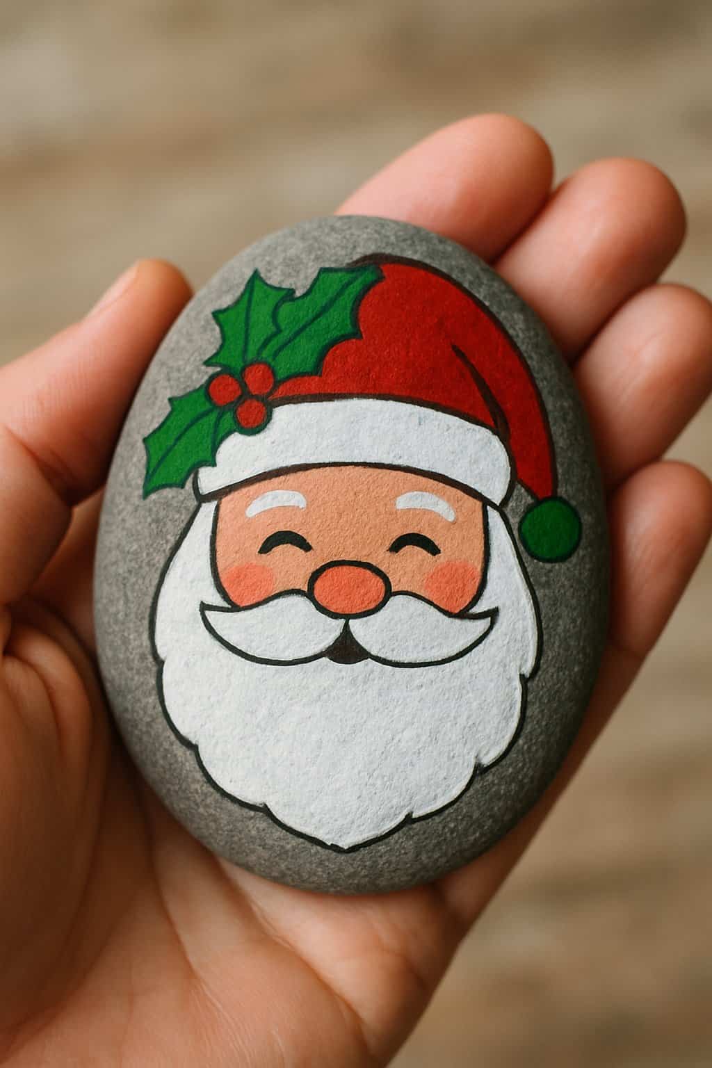 A hand holding a smooth river rock painted with a Santa face and holly leaf with berries.