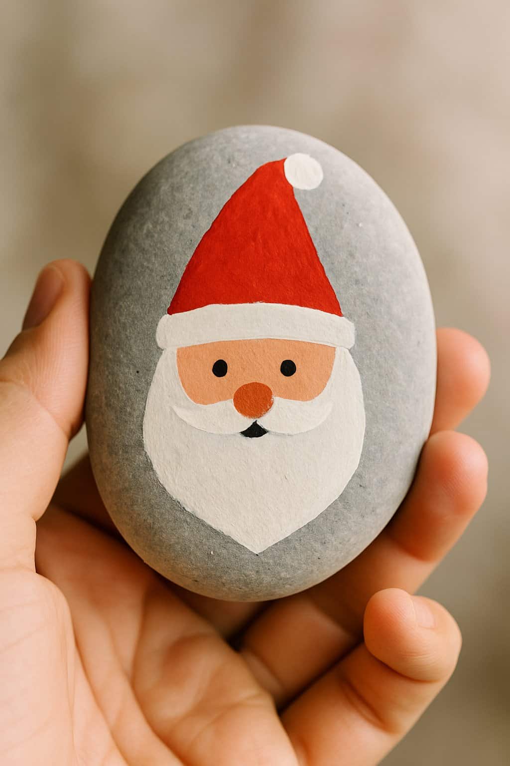 A hand holding a smooth river rock painted with a simple image of Santa Claus wearing a red pointy hat.