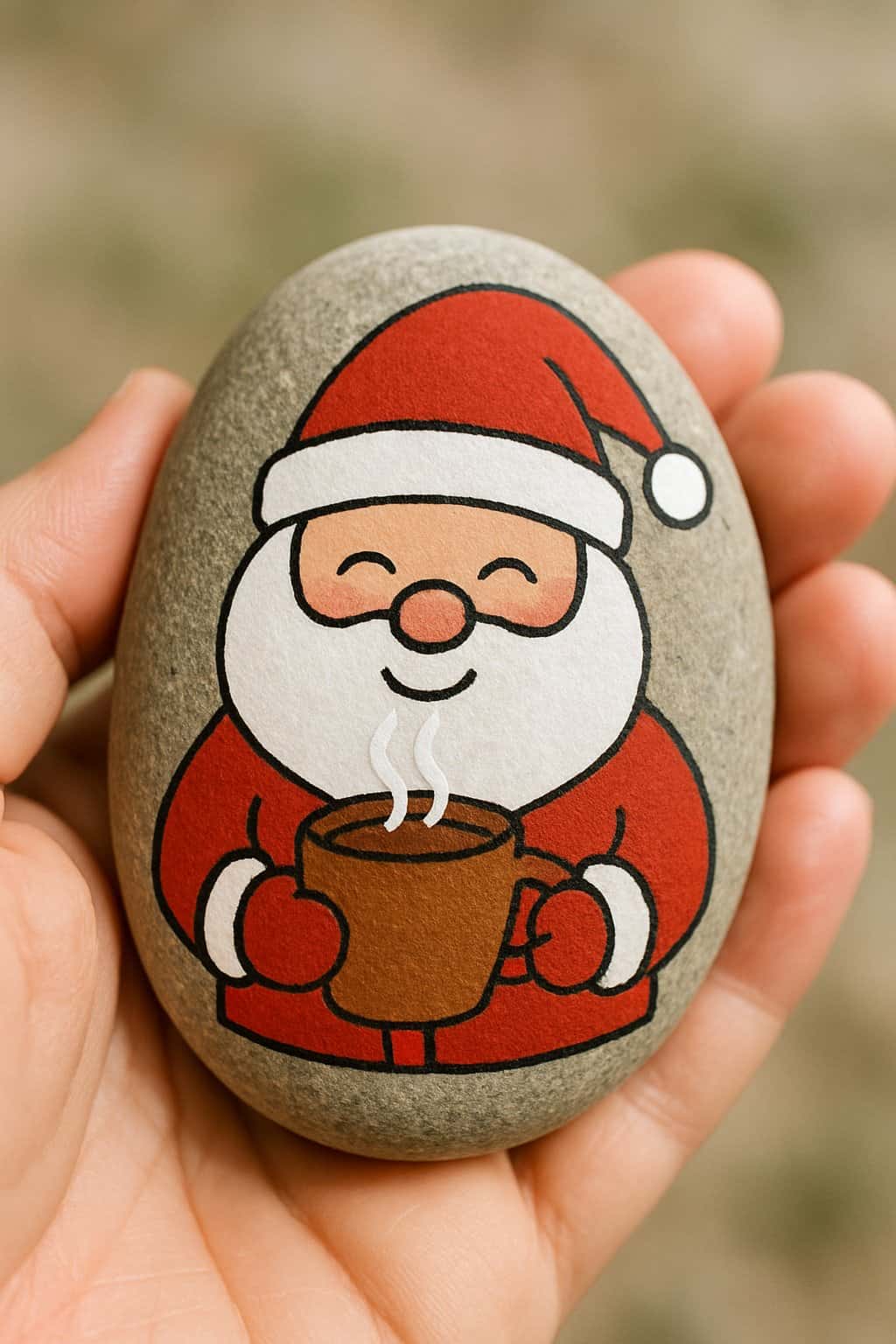 A hand holding a smooth river rock painted with a simple design of Santa Claus holding a cup of hot cocoa.