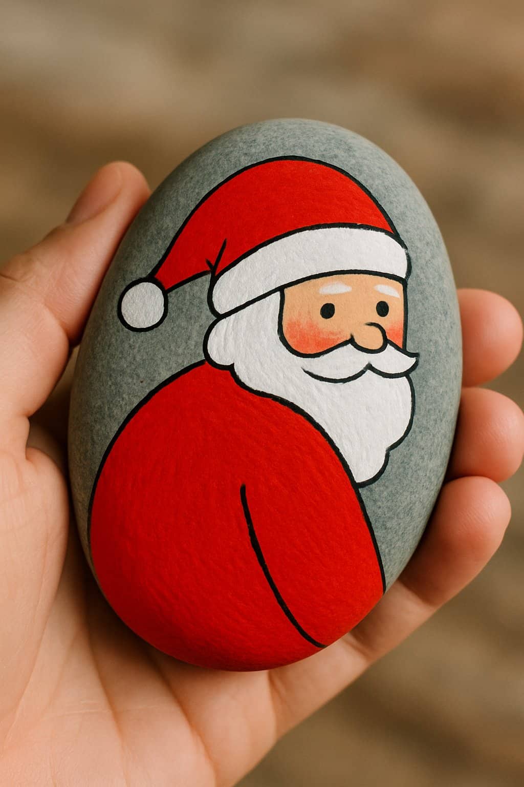 A hand holding a smooth river rock painted with a simple Santa Claus design.