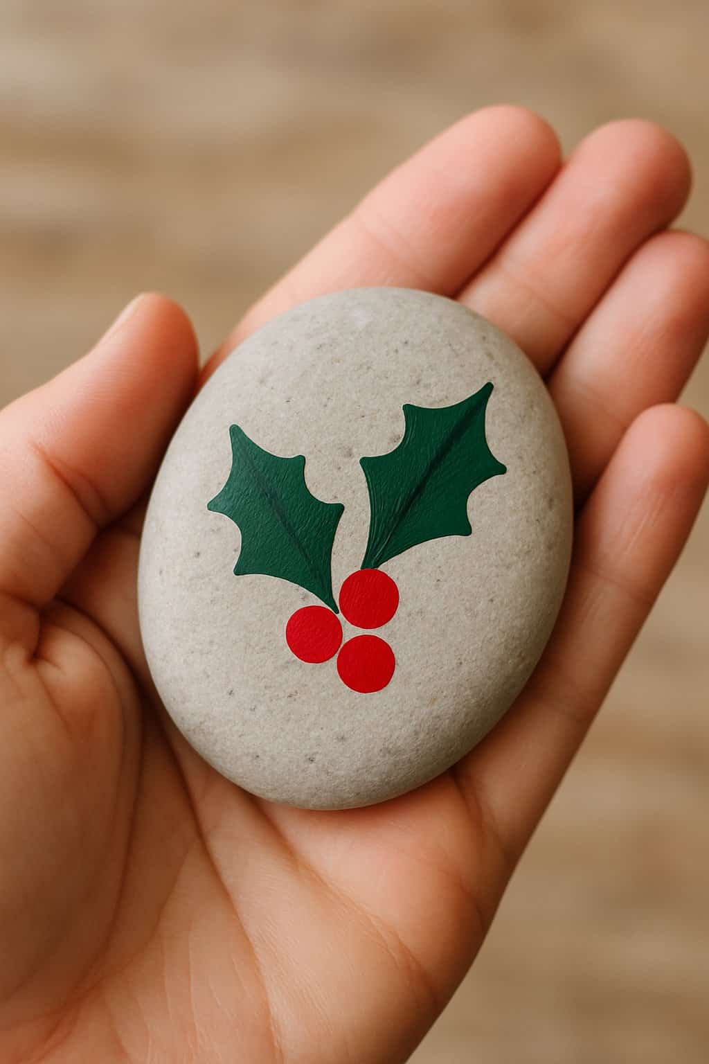 A hand holding a smooth river rock painted with a simple holiday design.