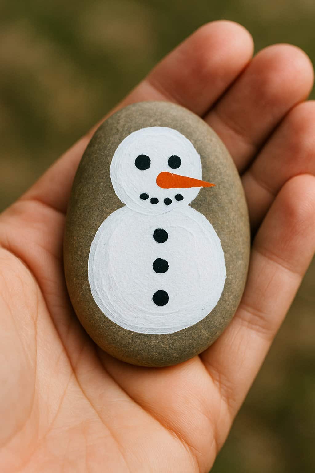 A hand holding a smooth rock painted with a snowman design featuring a carrot nose.