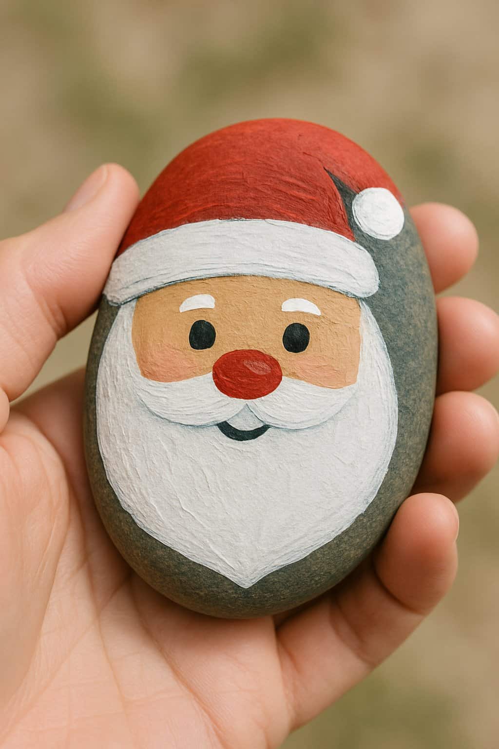 A hand holding a smooth river rock painted with a Santa Claus face.