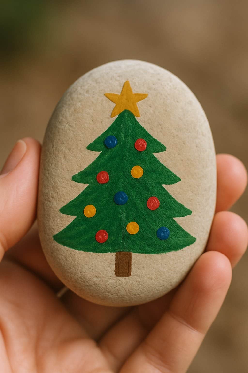 A hand holding a smooth river rock painted with a decorated Christmas tree.