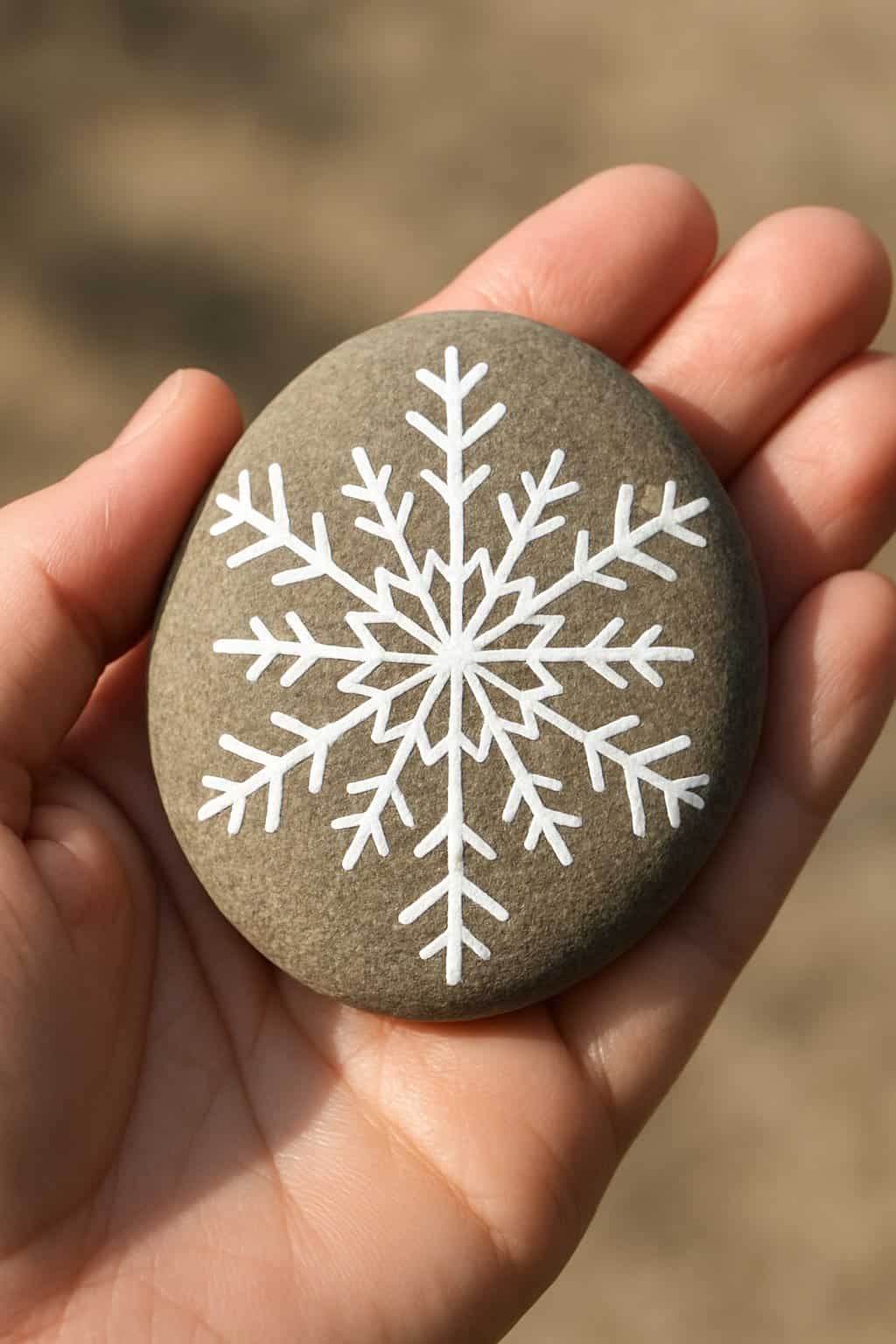 A hand holding a smooth river rock painted with a white snowflake design.