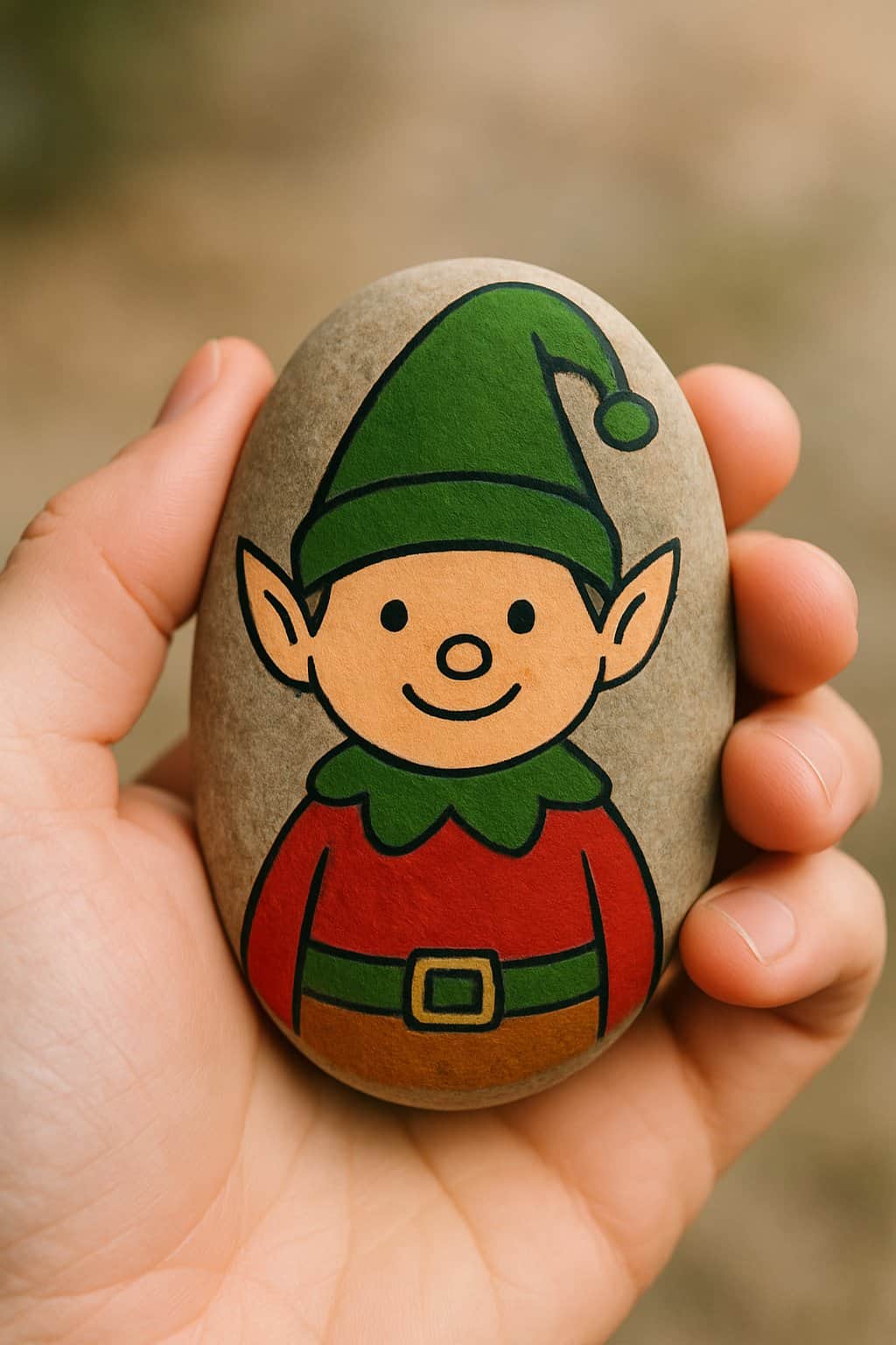 A hand holding a smooth river rock painted with an elf wearing a green hat.