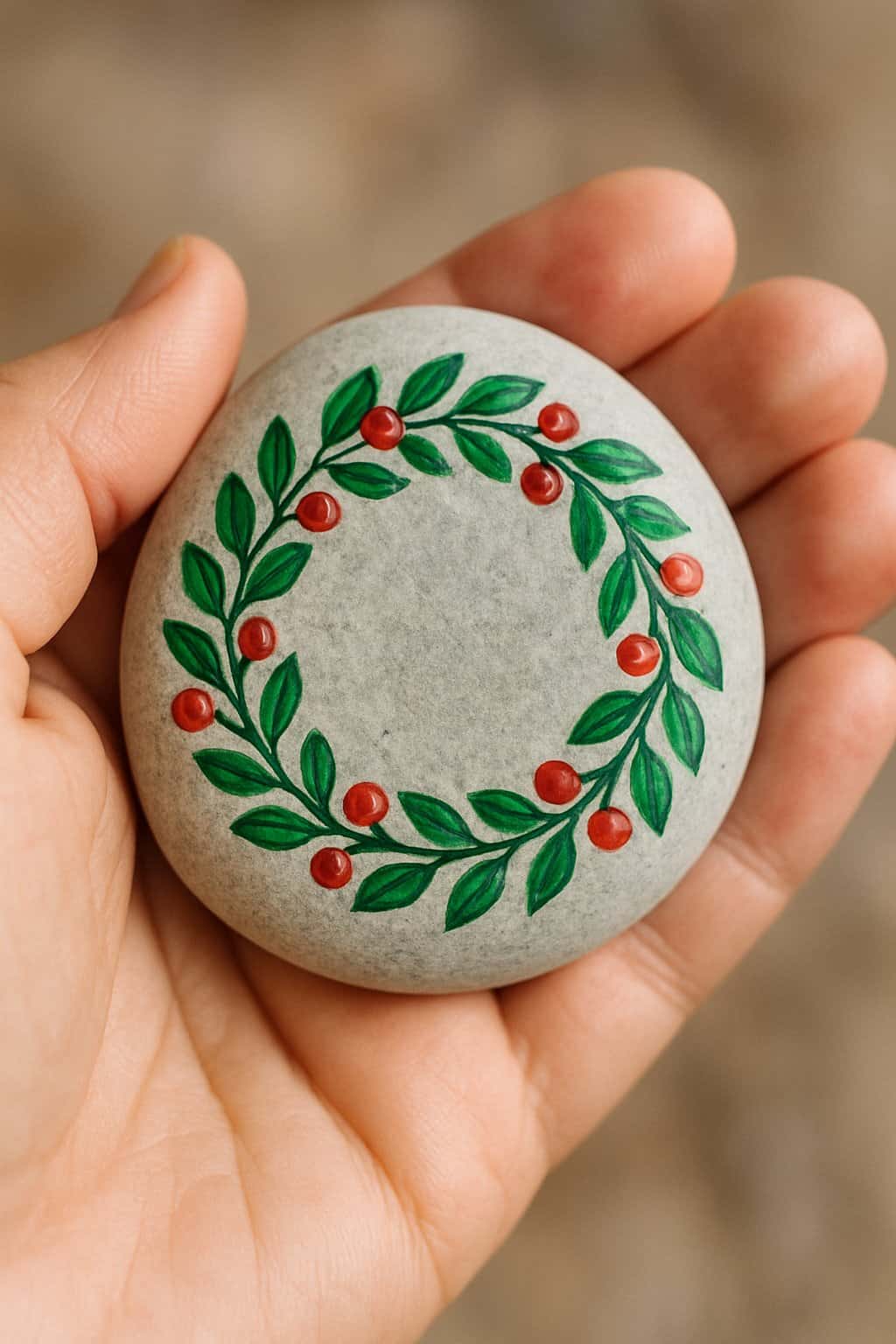 A hand holding a smooth river rock painted with a holiday wreath design.