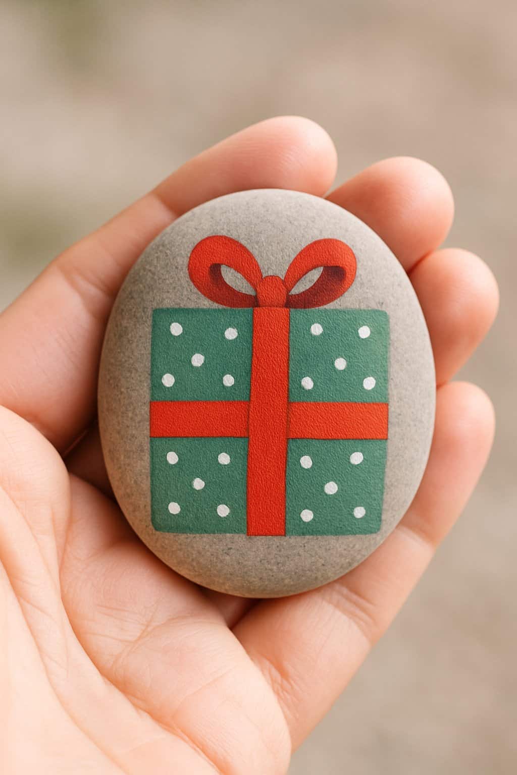 A hand holding a smooth painted river rock with a simple holiday design.