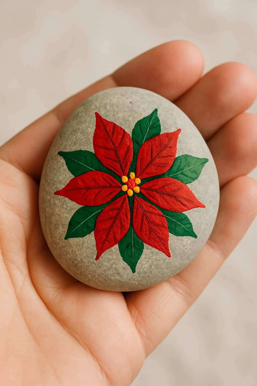 A hand holding a smooth river rock painted with a red and green poinsettia flower.