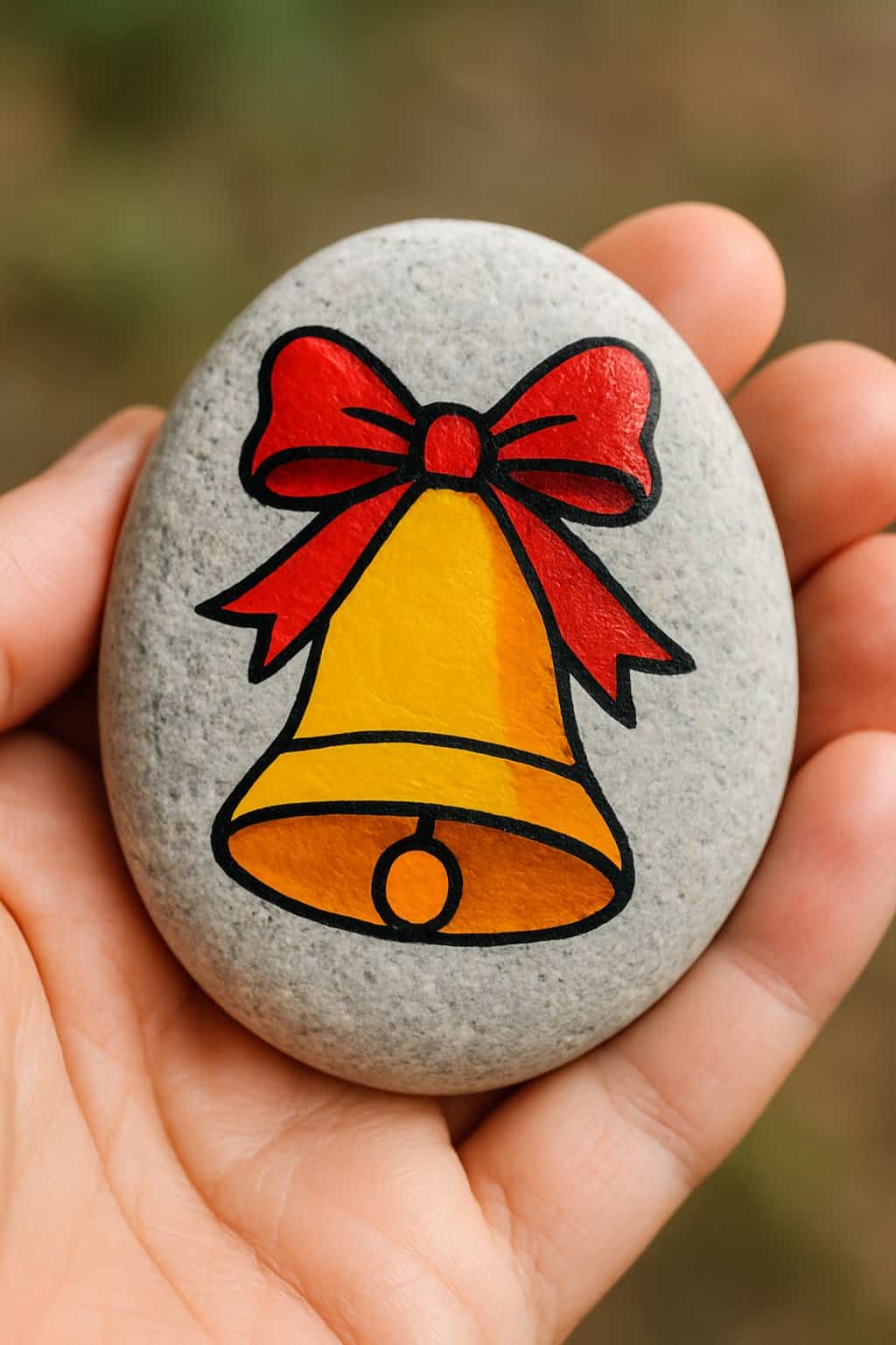 A hand holding a smooth river rock painted with a Christmas bell and red ribbon.