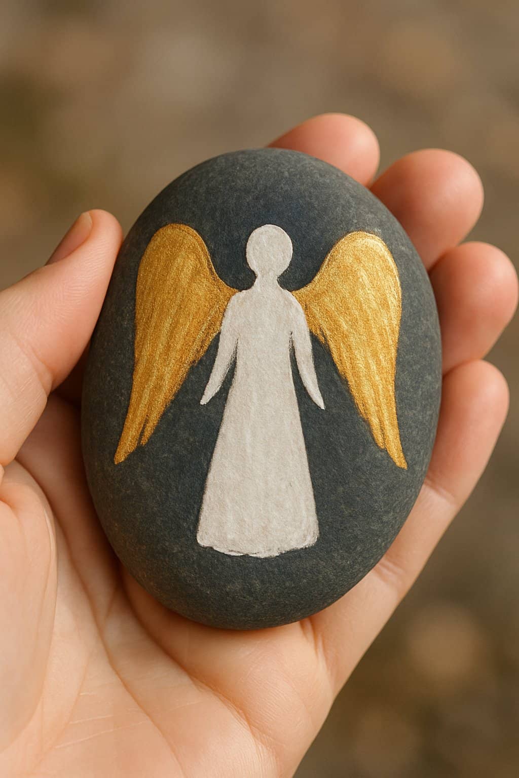 A hand holding a smooth river rock painted with an angel with golden wings.