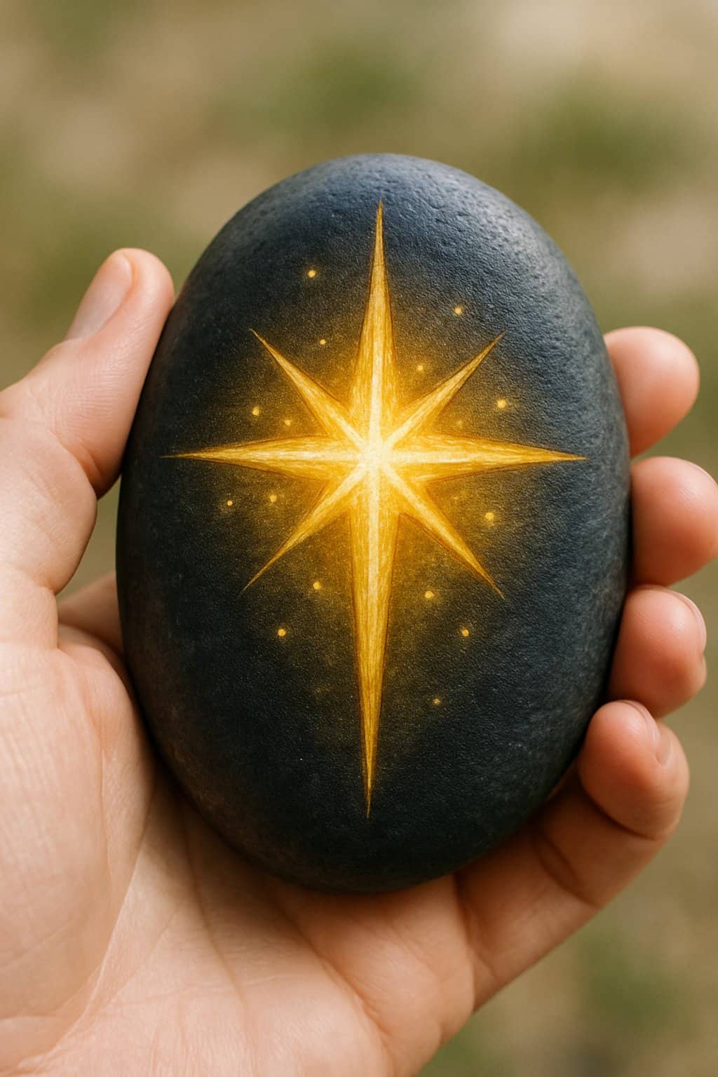 A hand holding a smooth river rock painted with a shining Christmas star design.