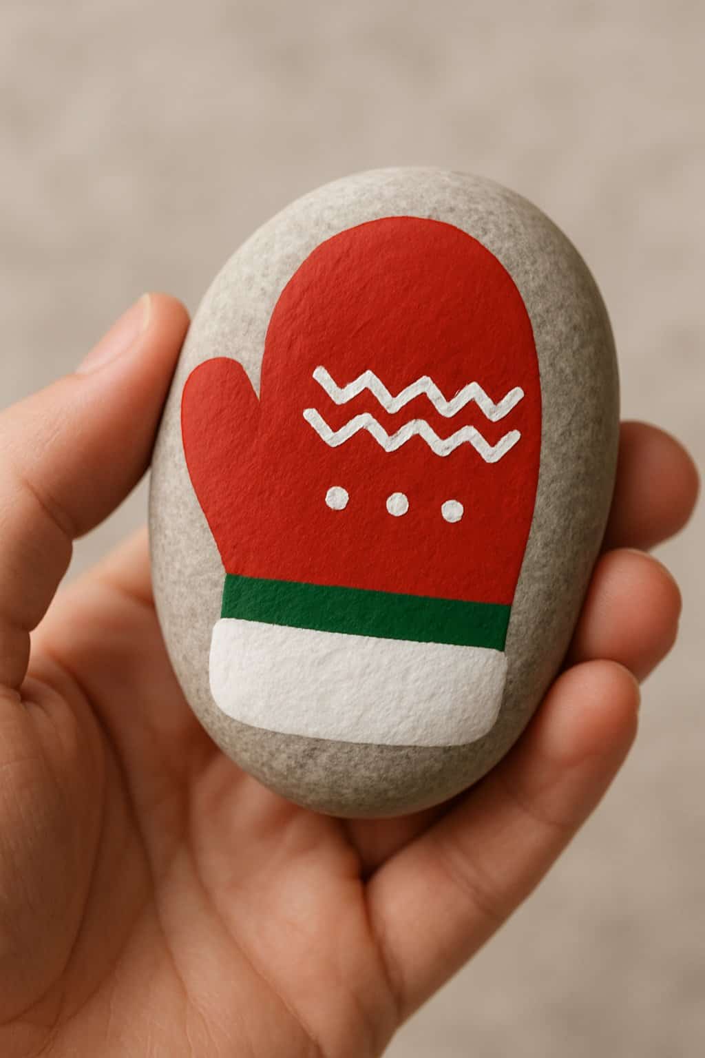 A hand holding a smooth river rock painted with a winter mitten pattern.