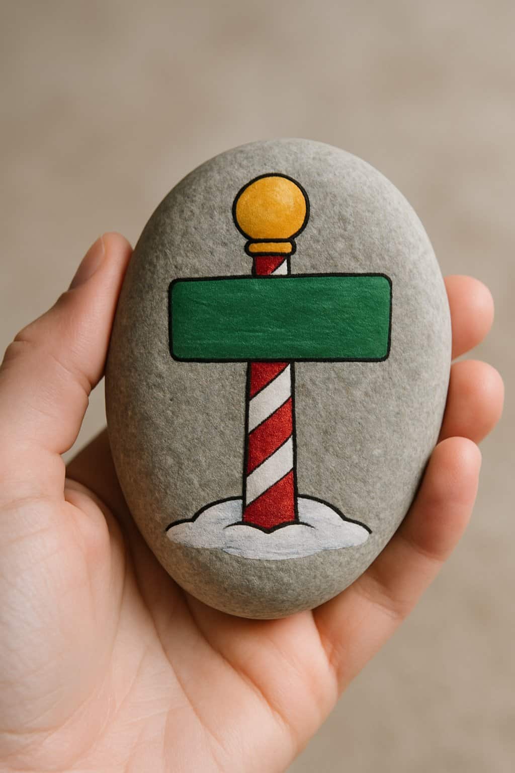 A hand holding a smooth river rock painted with a holiday-themed design resembling a North Pole signpost.