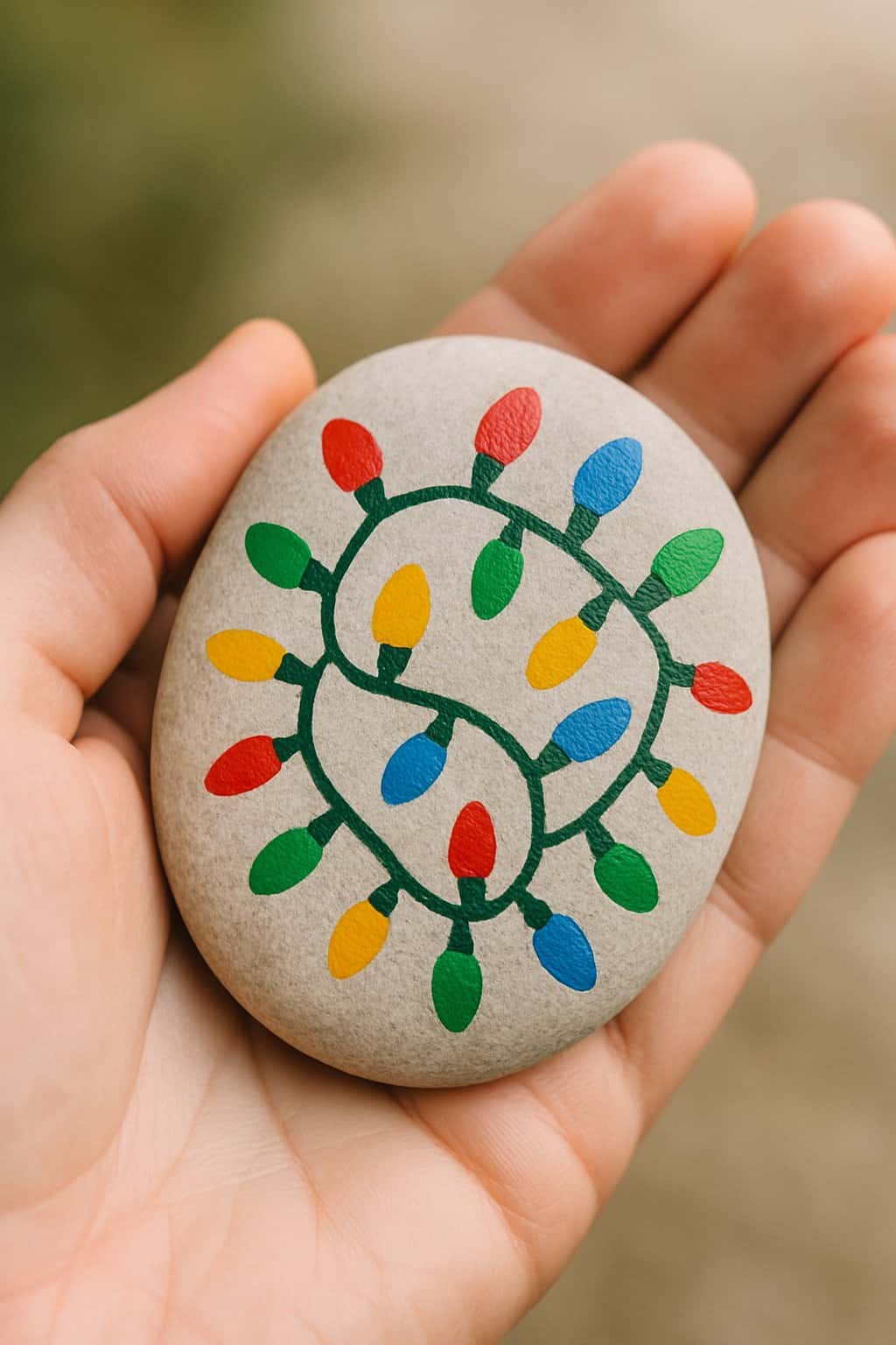 A hand holding a smooth river rock painted with colorful Christmas light string designs.