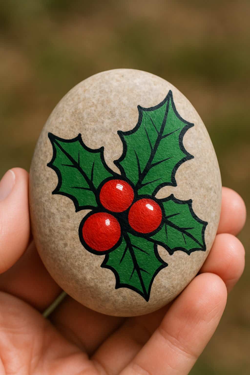 A hand holding a smooth river rock painted with red berries and green holly leaves.