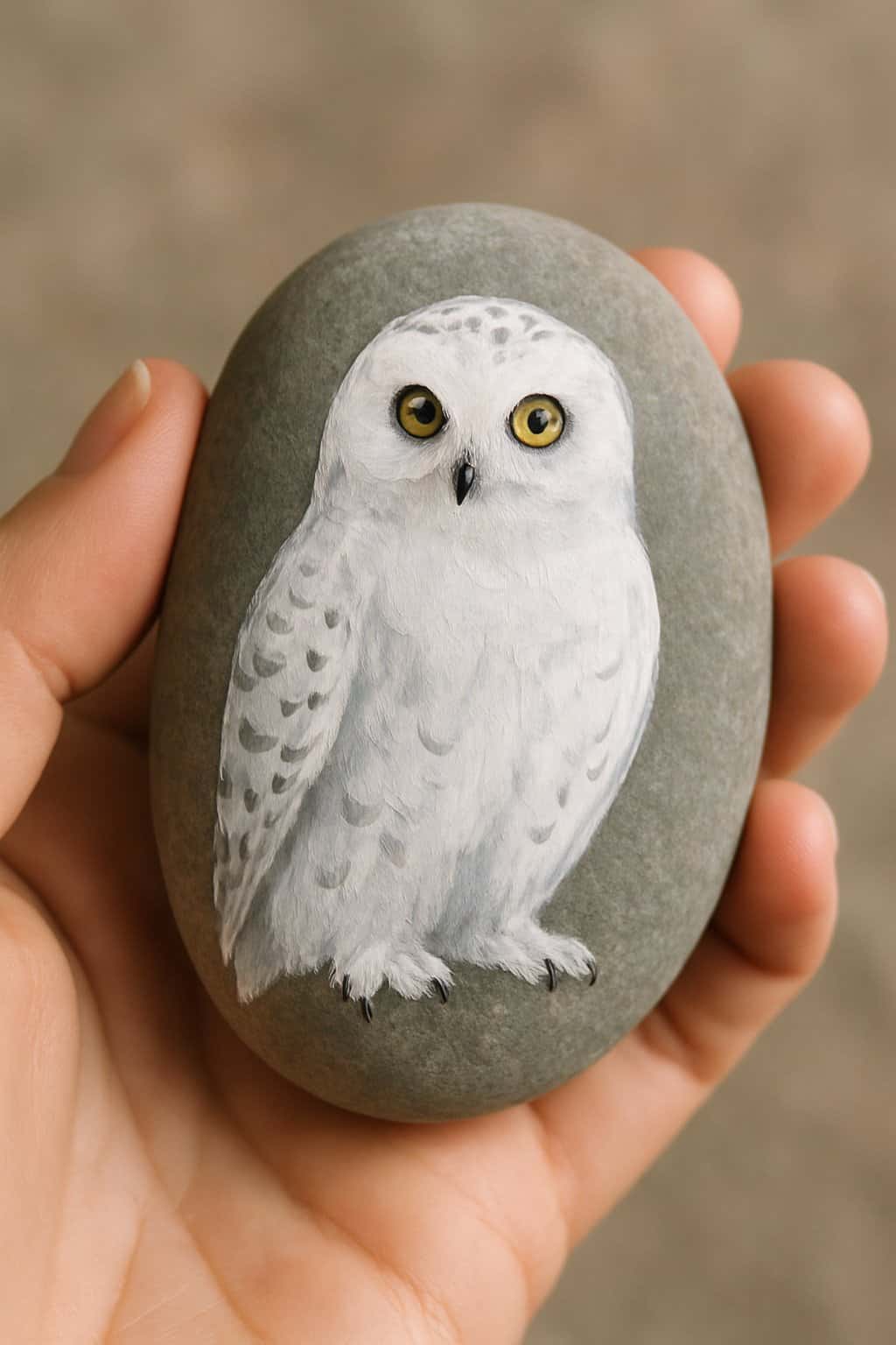A hand holding a smooth river rock painted with a snowy owl design.