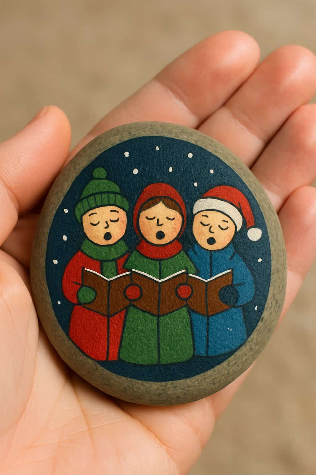 A hand holding a smooth river rock painted with a design of carolers singing.