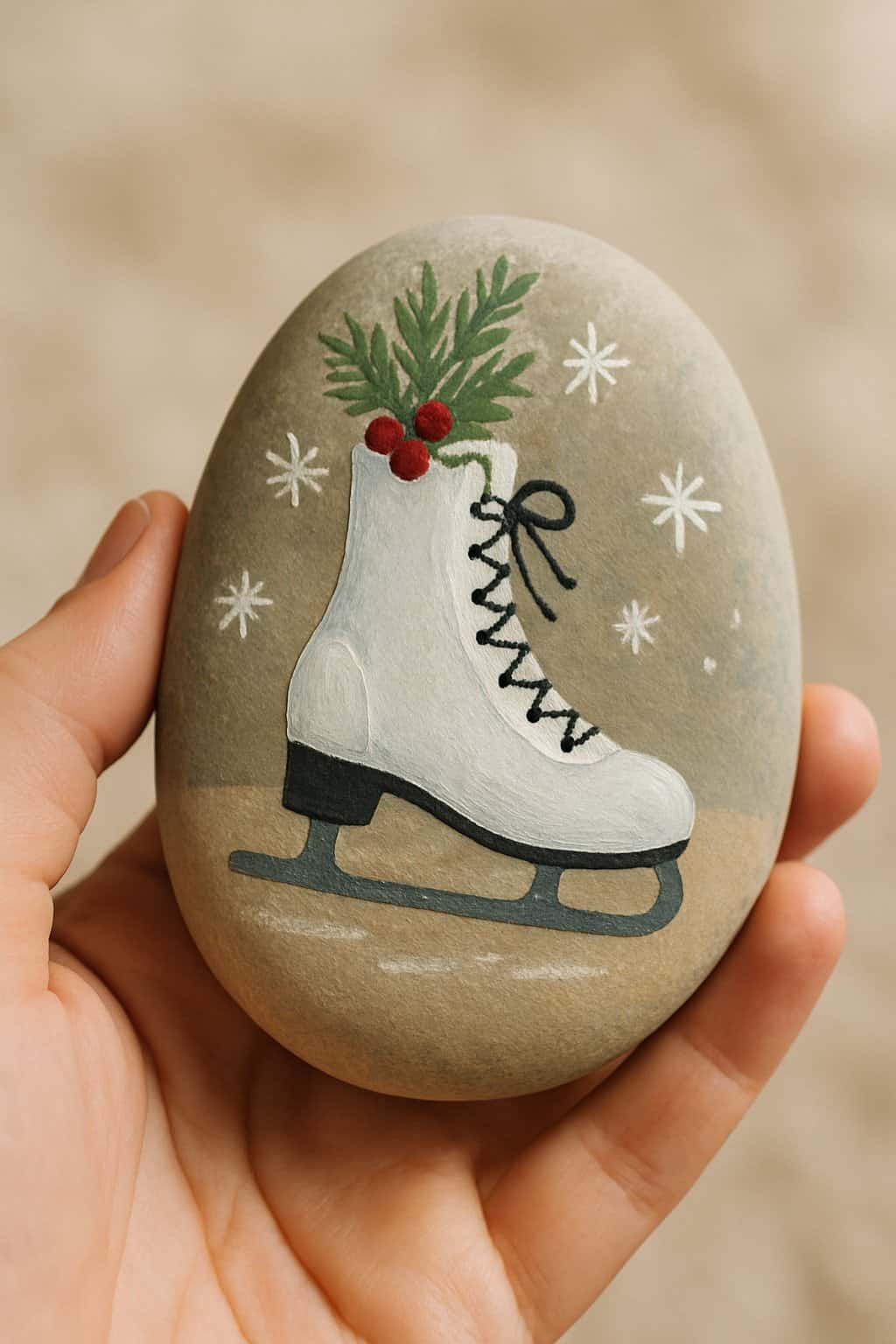 A hand holding a smooth river rock painted with a simple ice skate and holiday design.