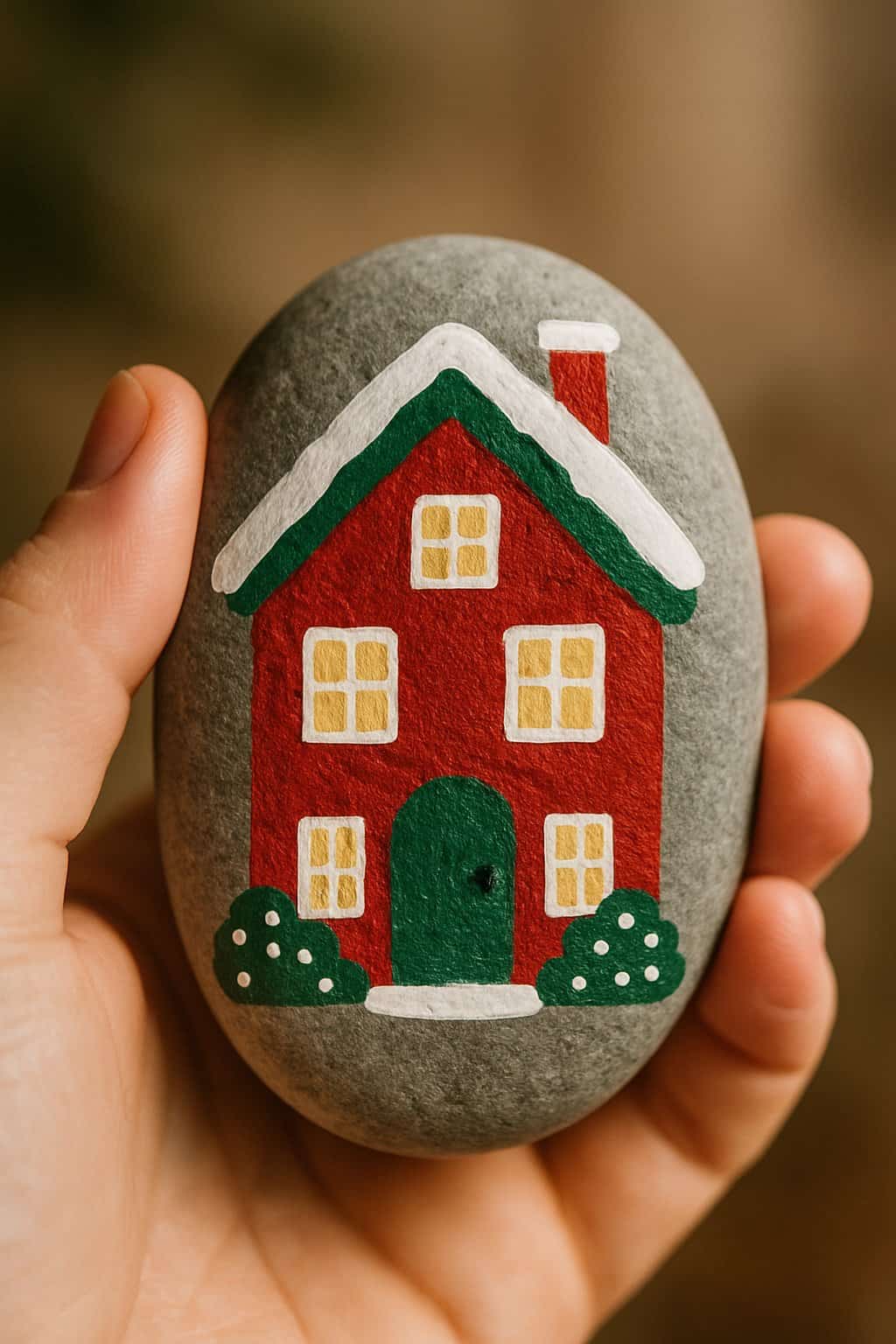 A hand holding a smooth river rock painted to look like a Christmas village house.