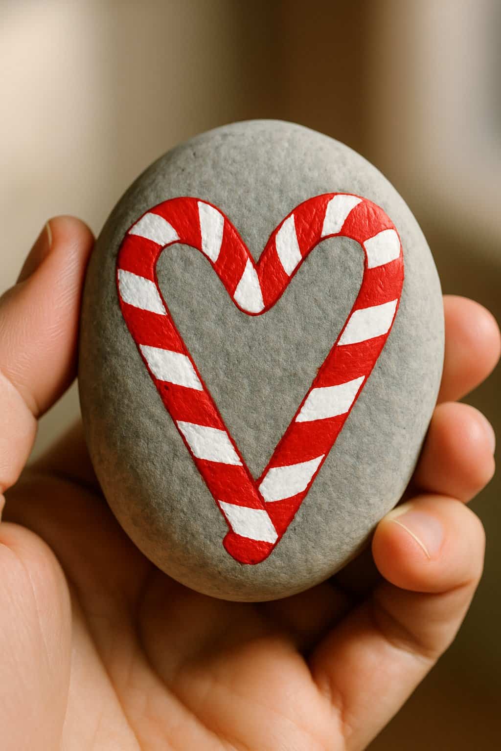 A hand holding a smooth river rock painted with a red and white candy cane heart design.