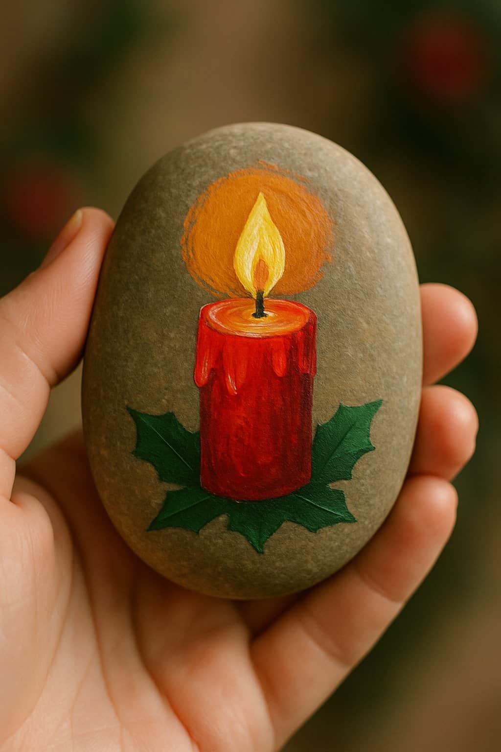 A hand holding a smooth river rock painted with a flickering Christmas candle design.