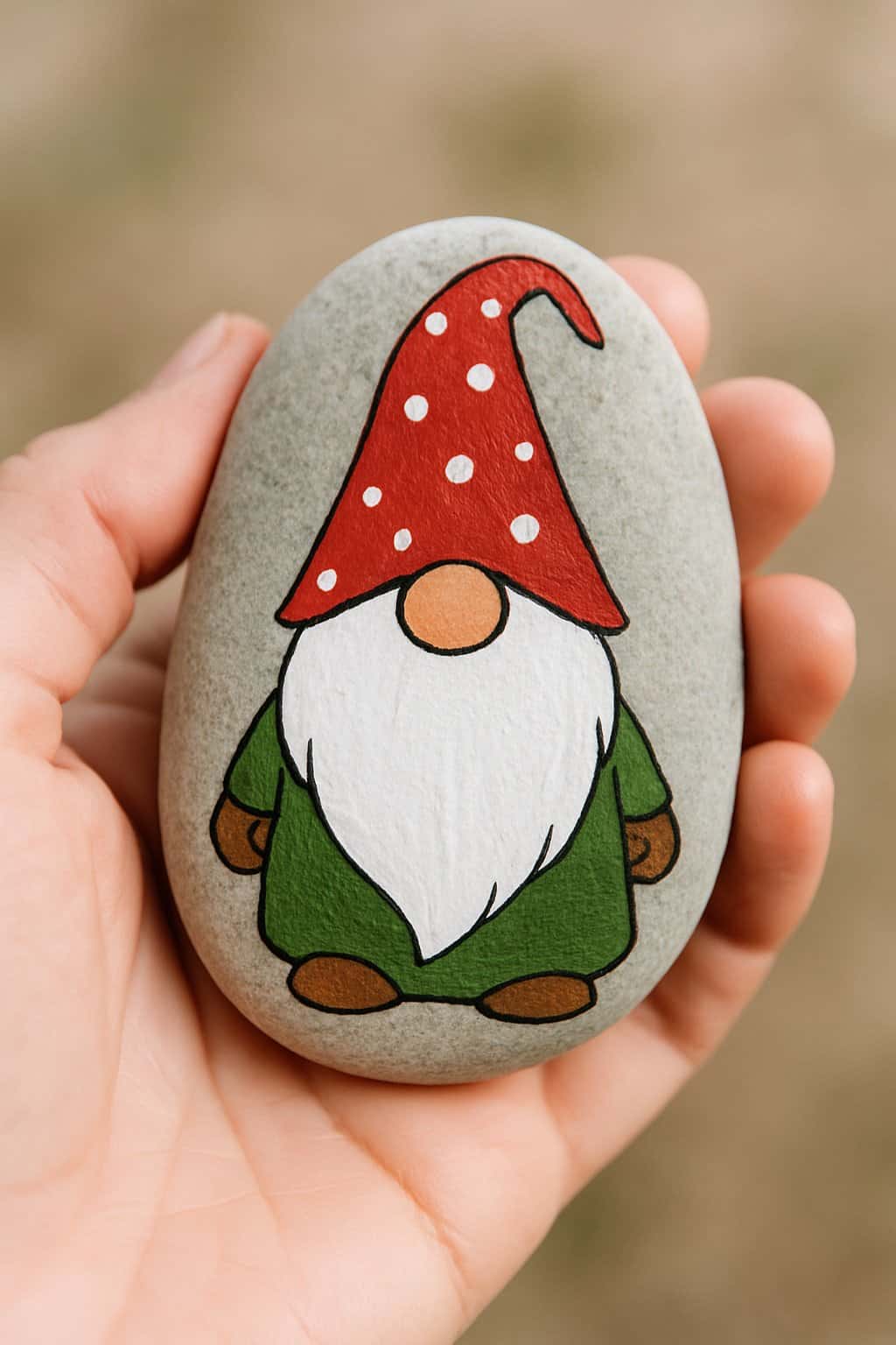 A hand holding a smooth river rock painted with a holiday gnome wearing a hat.