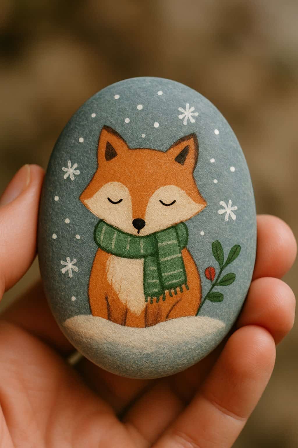A hand holding a smooth river rock painted with a winter fox design.
