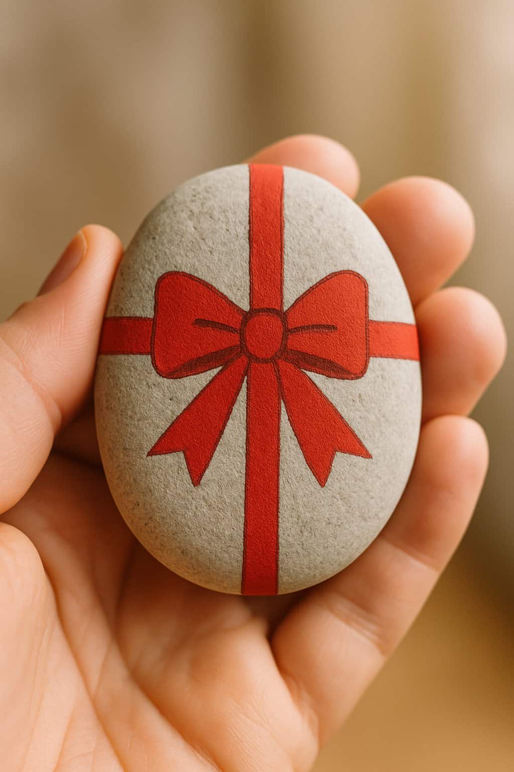 A hand holding a smooth river rock painted with a red bow design.