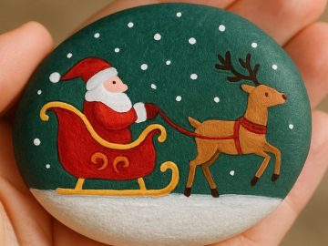 A hand holds a painted stone featuring Santa Claus in a red sleigh being pulled by a reindeer, with snow falling against a dark green background.