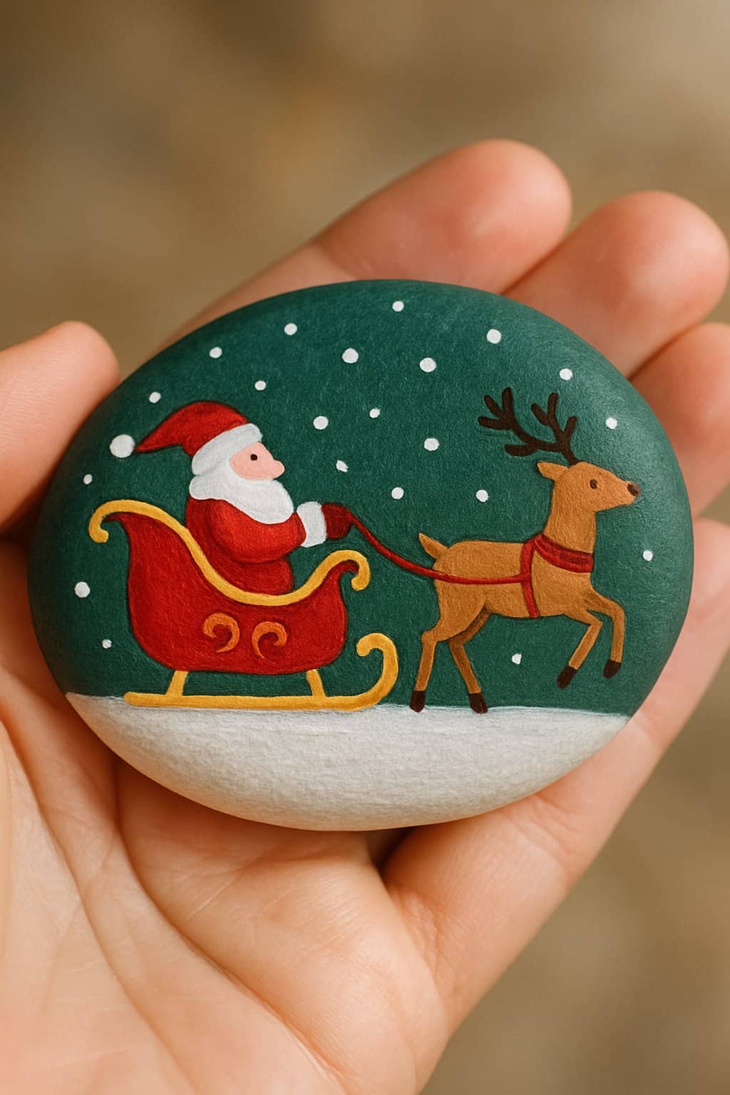 A hand holding a smooth river rock painted with a simple design of Santa's sleigh and reindeer.