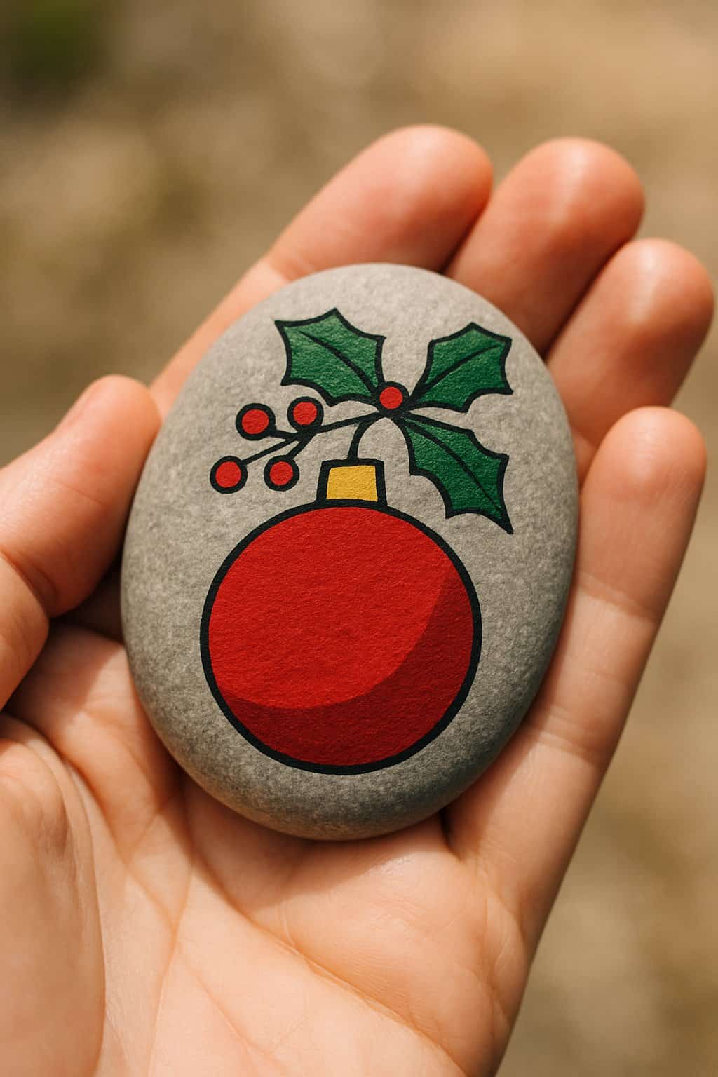 A hand holding a smooth river rock painted with a simple holiday design.