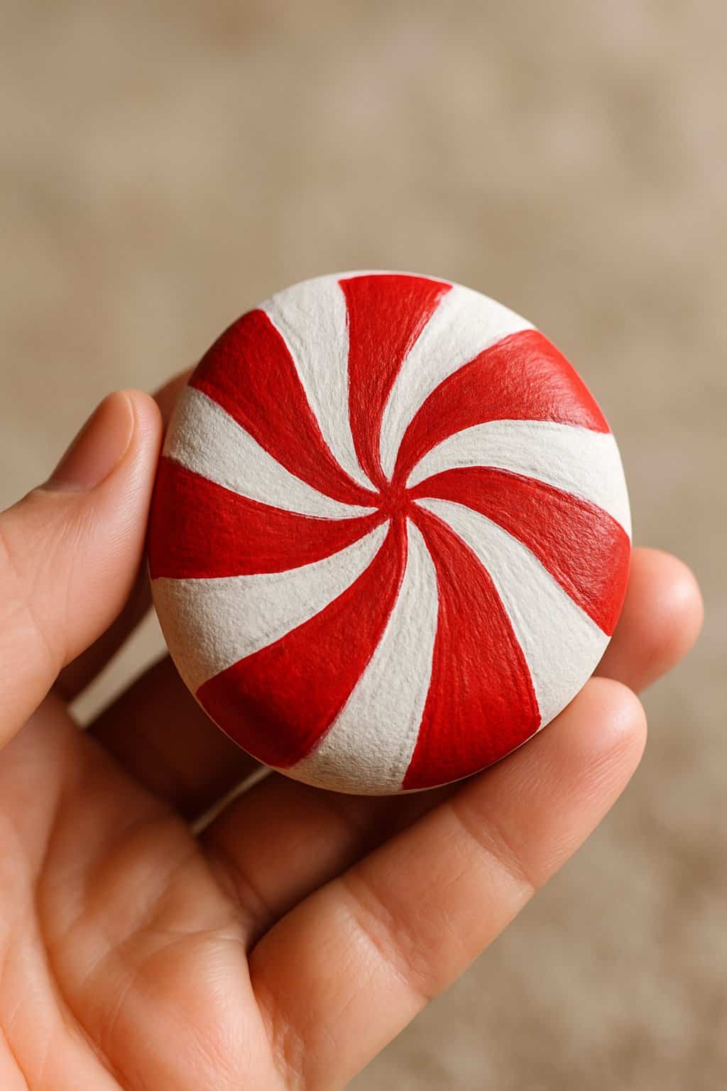 A hand holding a smooth river rock painted with a red and white peppermint swirl design.