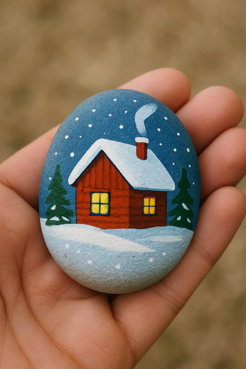 A hand holding a smooth river rock painted with a cozy cabin in the snow.