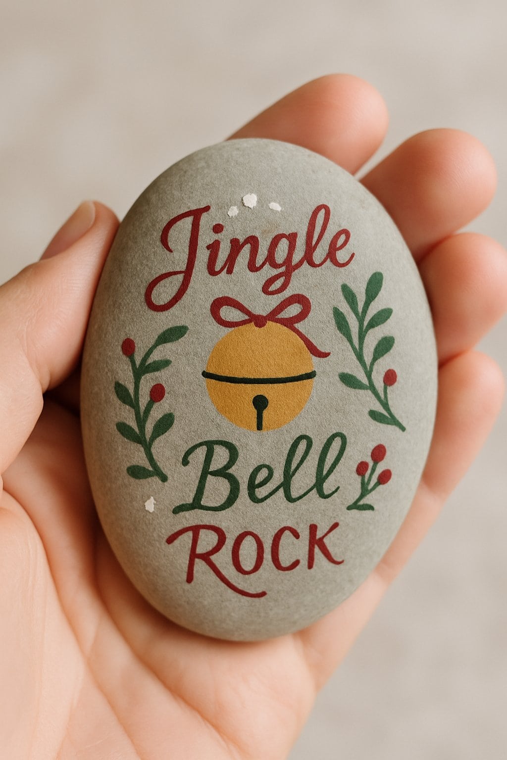 A hand holding a smooth river rock painted with a simple holiday design featuring a jingle bell.