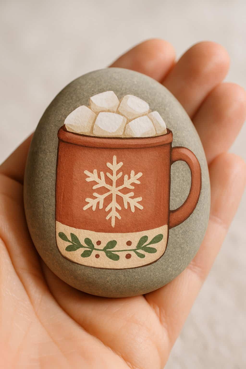 A hand holding a smooth river rock painted to look like a holiday mug filled with marshmallows.