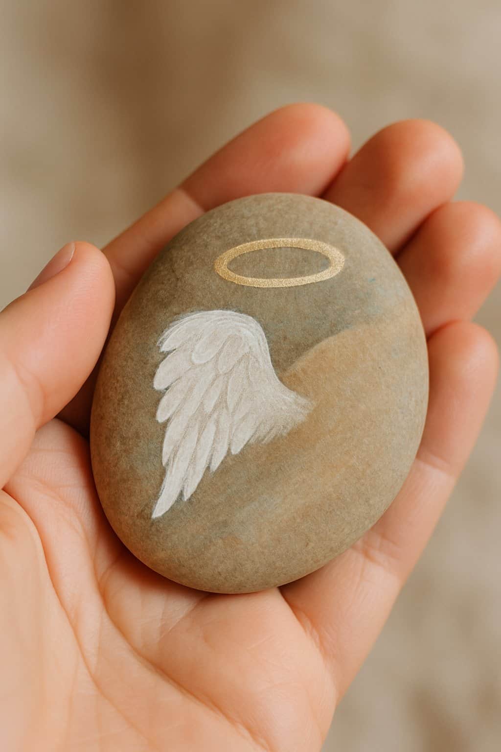 A hand holding a smooth river rock painted with a simple angel-inspired design.