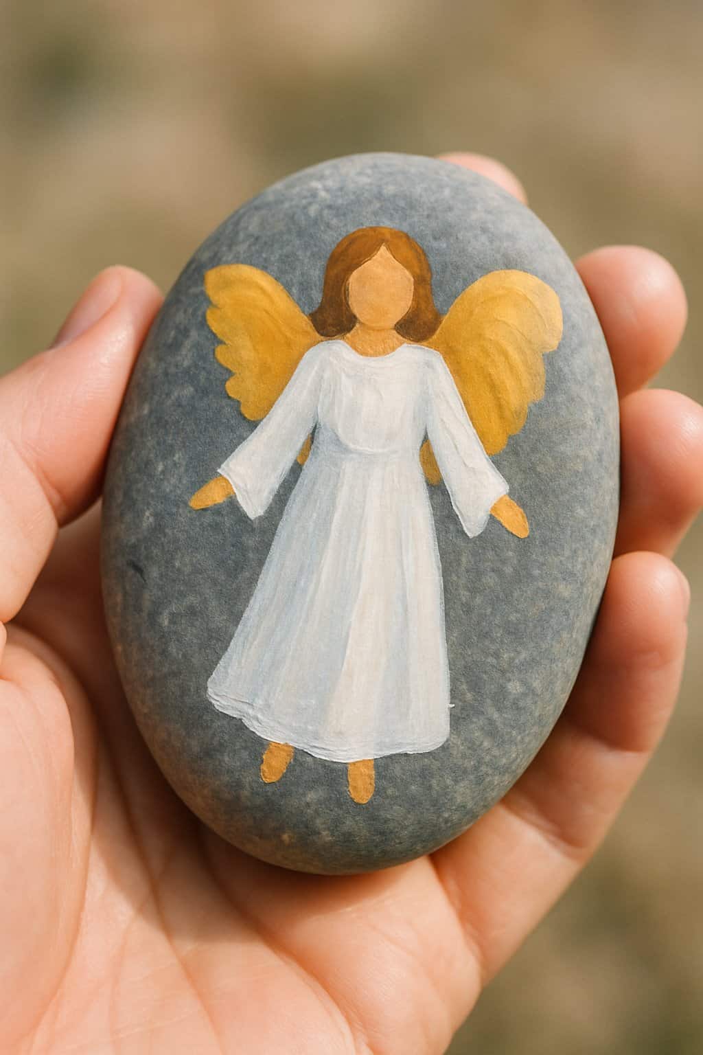 A hand holding a smooth river rock painted with an angel wearing a white robe and golden wings.