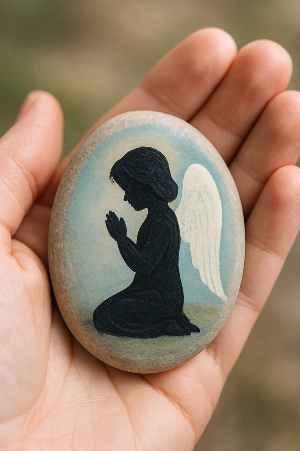 A hand holding a small smooth river rock painted with a silhouette of a praying angel.