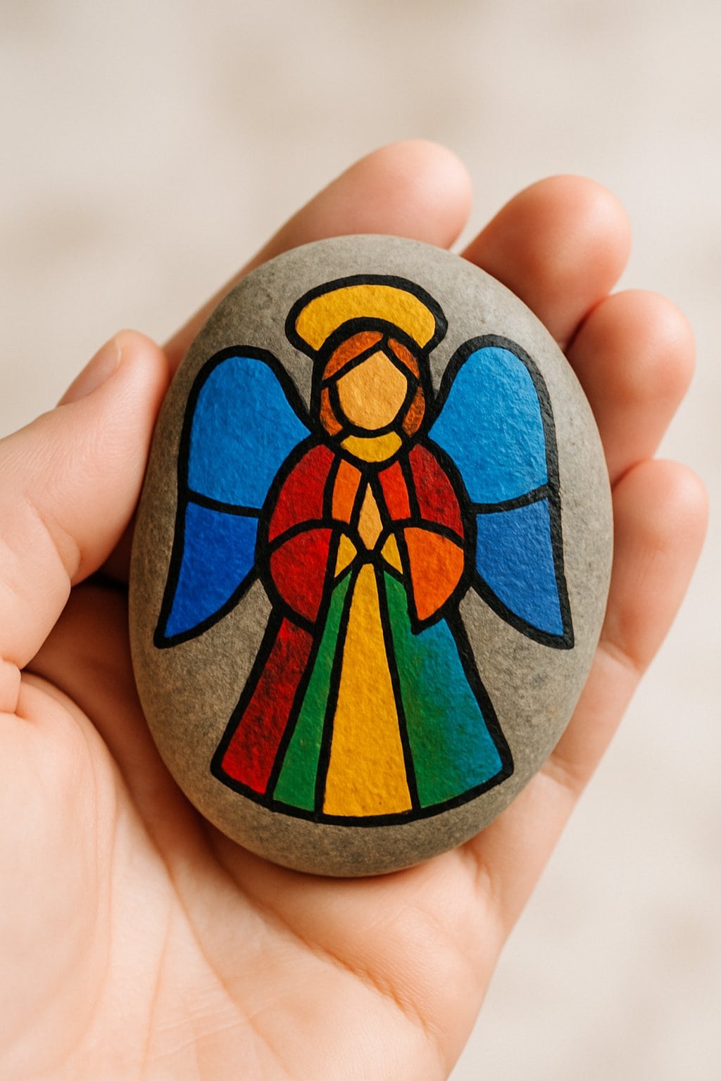 A hand holding a smooth river rock painted with a colorful angel design.