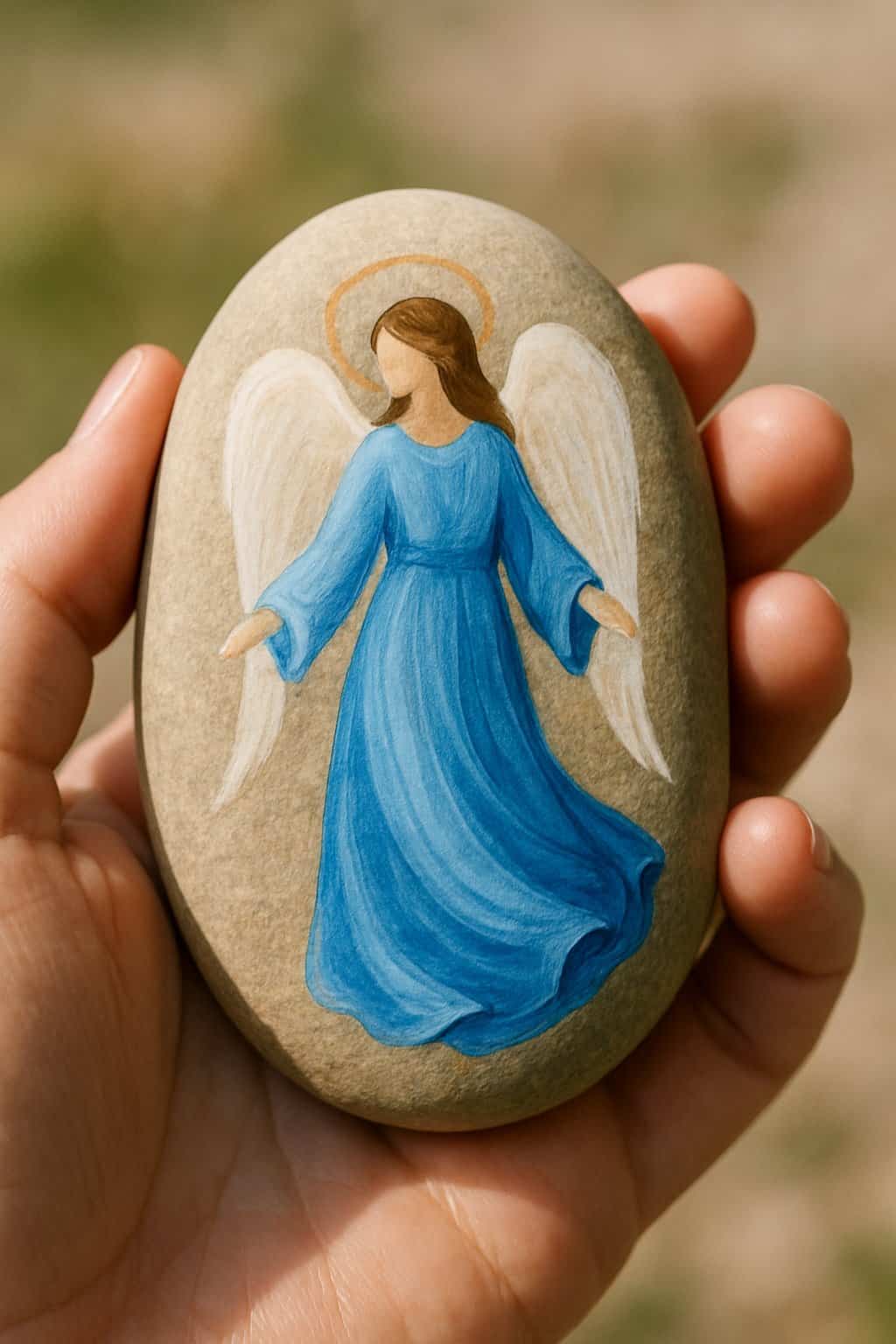 A hand holding a smooth river rock painted with an angel wearing flowing blue robes.