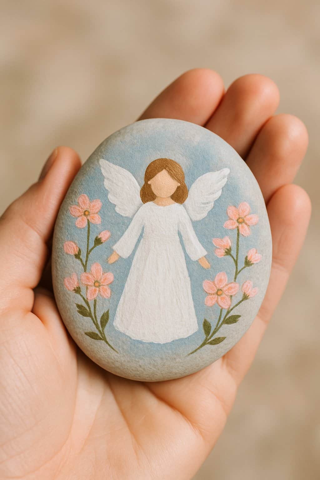 A hand holding a smooth river rock painted with an angel and pink flowers.