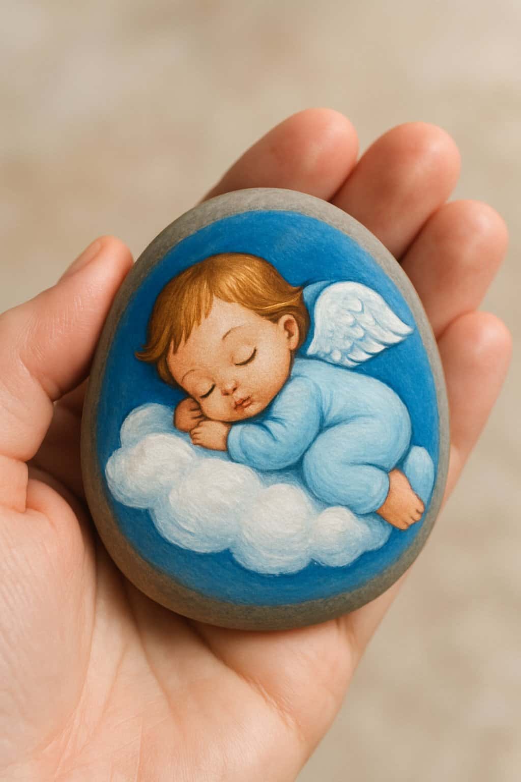 A hand holding a smooth river rock painted with a sleeping baby angel on a cloud.
