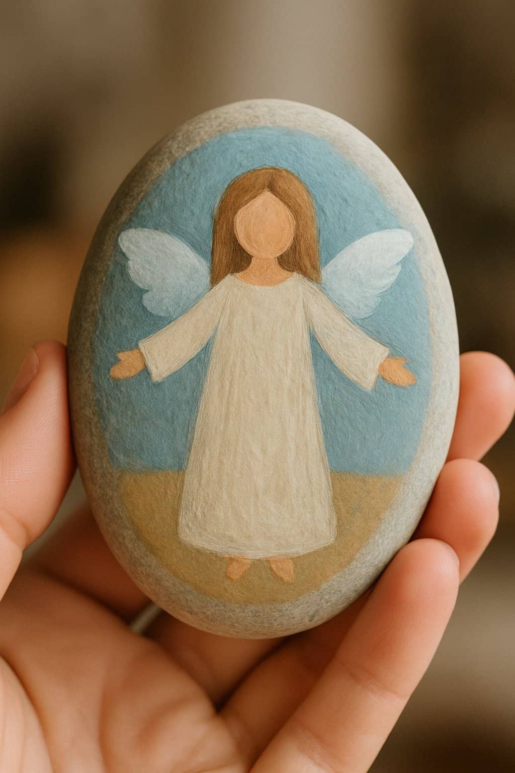 A hand holding a smooth river rock painted with a gentle angel with outstretched arms.